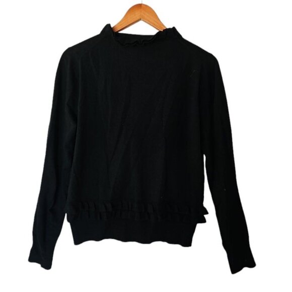 J. Crew Black Cardigan 100% Merino Wool‎ L Large Ruffle Lightweight Soft - Picture 10 of 11